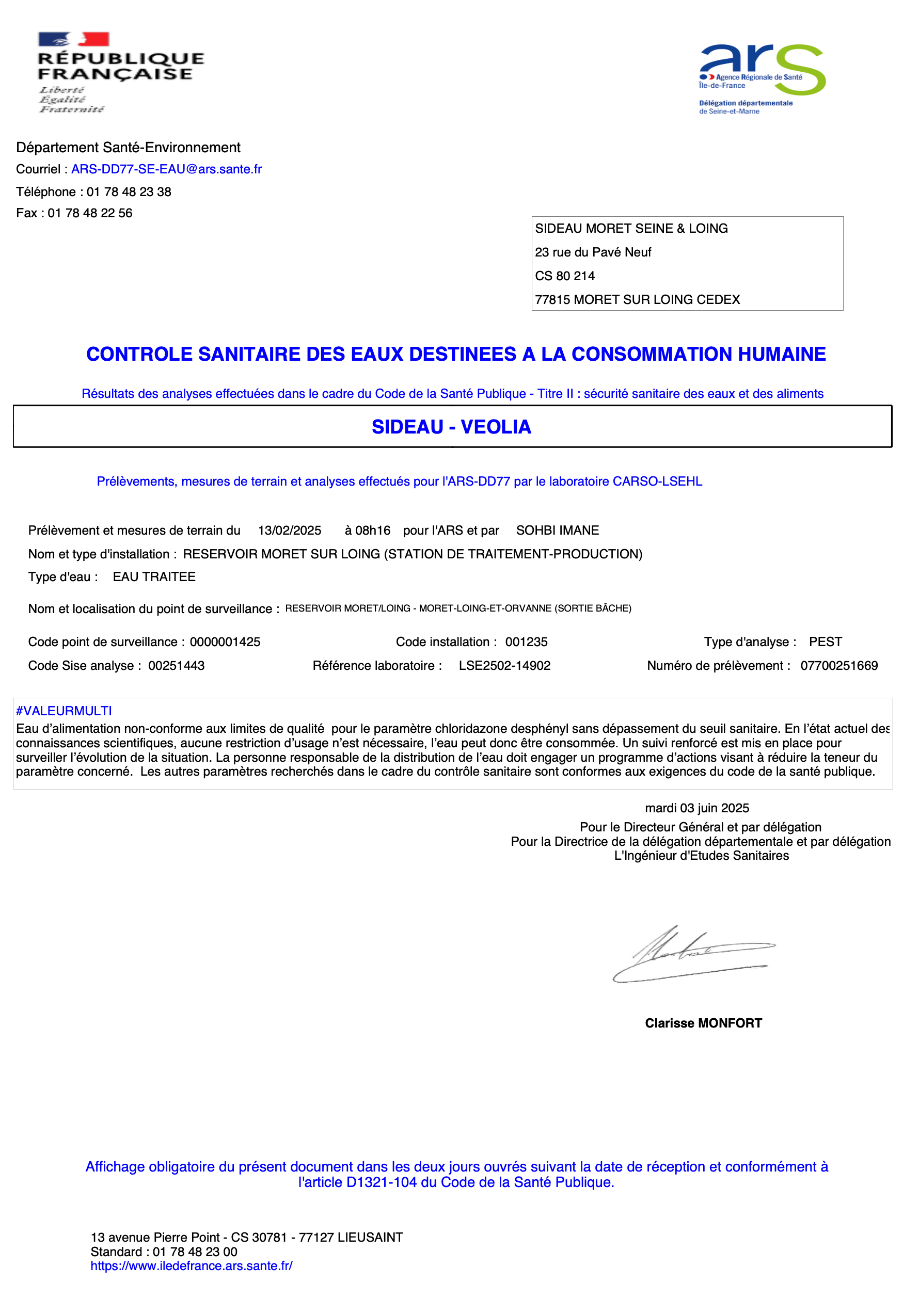 résultats des analyses réalisées dans le cadre du contrôle sanitaire réglementaire de l’ARS 77
